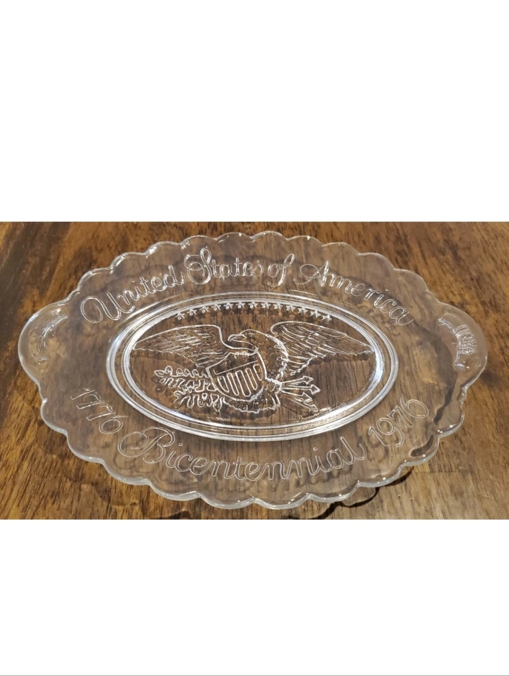 Vintage USA Bicentennial Clear Glass  Plate with Eagle 1776- 1976 Oval 9.25In